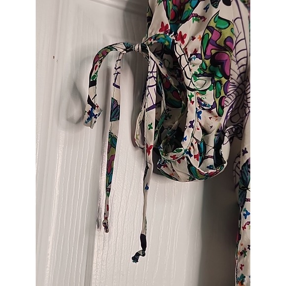 Trinity Anthropologie 100% Silk Blue & Green Butterflys Short Sleeve Top Fairy - Picture 4 of 10